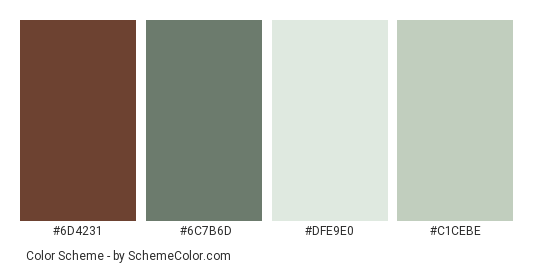 Pots on Kitchen Sill - Color scheme palette thumbnail - #6d4231 #6c7b6d #dfe9e0 #c1cebe 