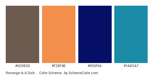 Revenge is a Dish… - Color scheme palette thumbnail - #6d5b50 #f28f4b #050f66 #1a8ca7 