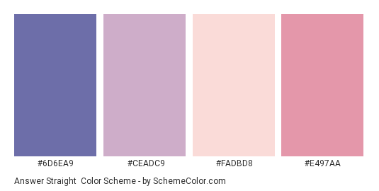 Answer Straight - Color scheme palette thumbnail - #6d6ea9 #ceadc9 #fadbd8 #e497aa 