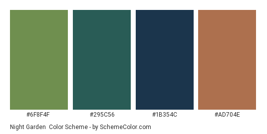 Night Garden - Color scheme palette thumbnail - #6f8f4f #295c56 #1b354c #ad704e 