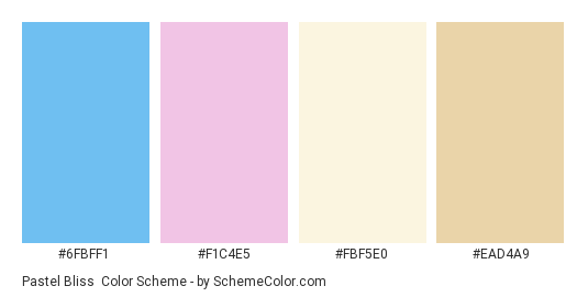 Pastel Bliss - Color scheme palette thumbnail - #6fbff1 #f1c4e5 #fbf5e0 #ead4a9 