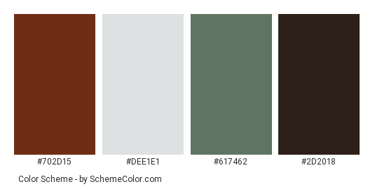 After the Holidays - Color scheme palette thumbnail - #702d15 #dee1e1 #617462 #2d2018 