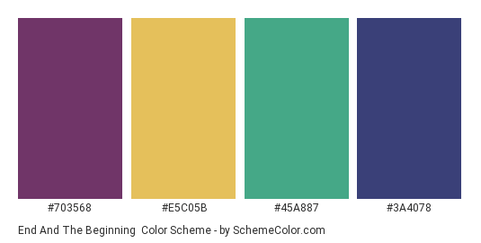 End and the Beginning - Color scheme palette thumbnail - #703568 #E5C05B #45A887 #3A4078 