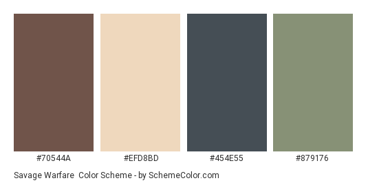 Savage Warfare - Color scheme palette thumbnail - #70544A #EFD8BD #454E55 #879176 