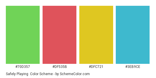 Safely Playing - Color scheme palette thumbnail - #70d357 #DF535B #DFC721 #3EB9CE 