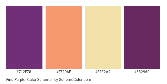 Find Purple - Color scheme palette thumbnail - #712f78 #f7996e #f2e2a9 #682960 