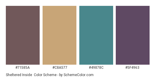 Sheltered Inside - Color scheme palette thumbnail - #71585A #C8A577 #49878C #5F4963 