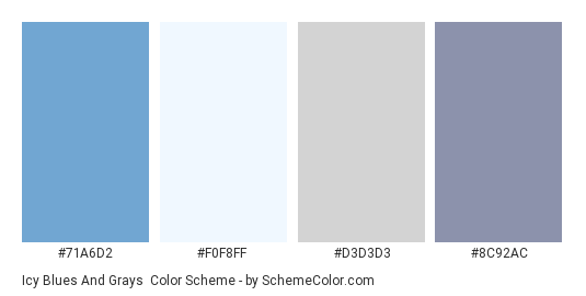 Icy Blues and Grays - Color scheme palette thumbnail - #71A6D2 #F0F8FF #D3D3D3 #8C92AC 