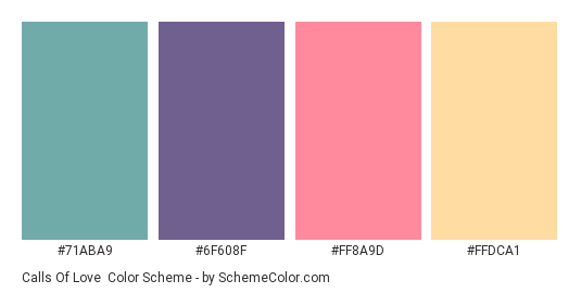 Calls of Love - Color scheme palette thumbnail - #71ABA9 #6F608F #FF8A9D #FFDCA1 