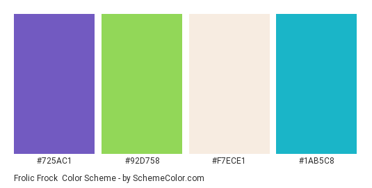 Frolic Frock - Color scheme palette thumbnail - #725ac1 #92d758 #f7ece1 #1ab5c8 
