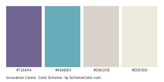 Innovation Center - Color scheme palette thumbnail - #726694 #68ABB9 #D8D2CB #EDE9DD 