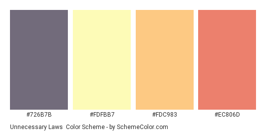Unnecessary Laws - Color scheme palette thumbnail - #726B7B #FDFBB7 #FDC983 #EC806D 