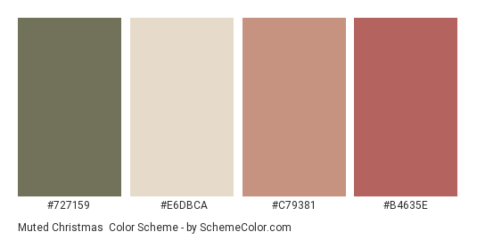 Muted Christmas - Color scheme palette thumbnail - #727159 #E6DBCA #C79381 #B4635E 