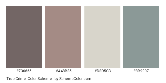 True Crime - Color scheme palette thumbnail - #736665 #A48B85 #D8D5CB #8B9997 