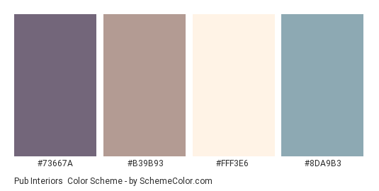 Pub Interiors - Color scheme palette thumbnail - #73667A #B39B93 #FFF3E6 #8DA9B3 
