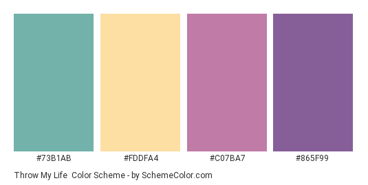 Throw My Life - Color scheme palette thumbnail - #73B1AB #FDDFA4 #C07BA7 #865F99 