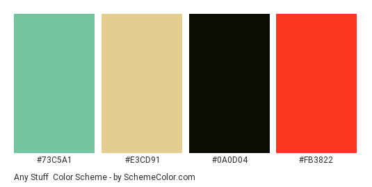 Any Stuff - Color scheme palette thumbnail - #73C5A1 #E3CD91 #0A0D04 #FB3822 