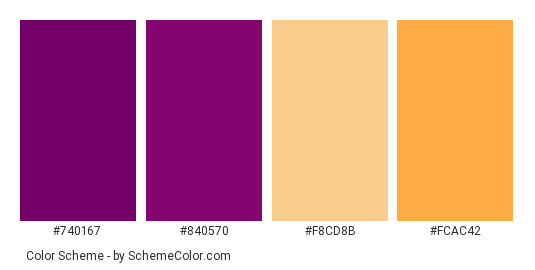 Violet Vintage Car - Color scheme palette thumbnail - #740167 #840570 #f8cd8b #fcac42 