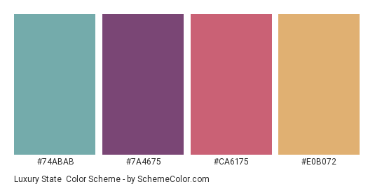Luxury State - Color scheme palette thumbnail - #74ABAB #7A4675 #CA6175 #E0B072 