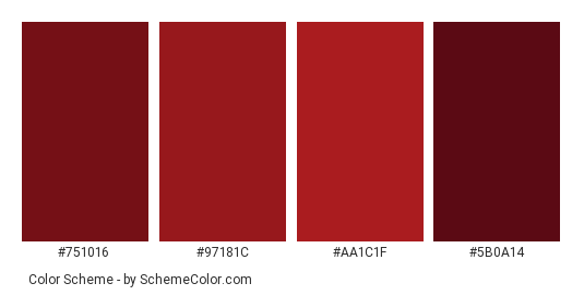 Cherry Reds - Color scheme palette thumbnail - #751016 #97181c #aa1c1f #5b0a14 