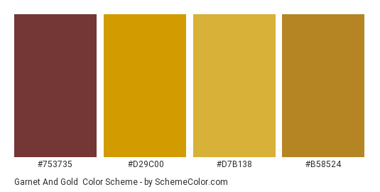 Garnet and Gold - Color scheme palette thumbnail - #753735 #d29c00 #d7b138 #b58524 