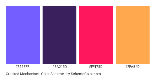 Crooked Mechanism - Color scheme palette thumbnail - #755eff #3a215d #ff175d #ffa84d 