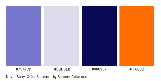 Never Sorry - Color scheme palette thumbnail - #7577CD #DBDBEB #080957 #FF6D02 