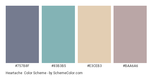 Heartache - Color scheme palette thumbnail - #757B8F #83B3B5 #E3CEB3 #BAA6A6 
