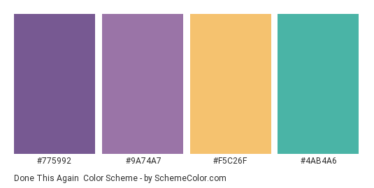 Done This Again - Color scheme palette thumbnail - #775992 #9A74A7 #F5C26F #4AB4A6 