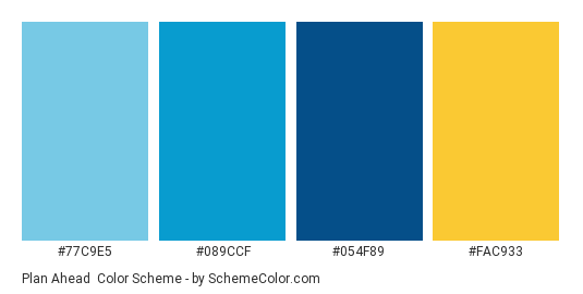 Plan Ahead - Color scheme palette thumbnail - #77C9E5 #089CCF #054F89 #FAC933 