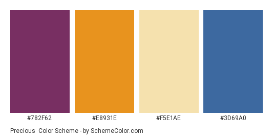 Precious - Color scheme palette thumbnail - #782F62 #E8931E #F5E1AE #3D69A0 