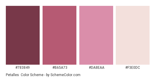 Petalles - Color scheme palette thumbnail - #783849 #b65a73 #da8eaa #f3e0dc 