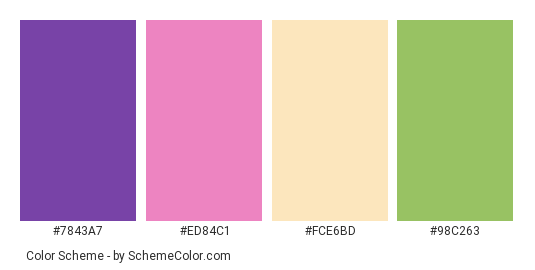 Purple Pink Flowers - Color scheme palette thumbnail - #7843A7 #ED84C1 #FCE6BD #98C263 