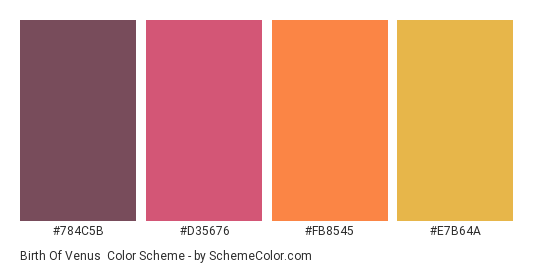 Birth of Venus - Color scheme palette thumbnail - #784C5B #D35676 #FB8545 #E7B64A 