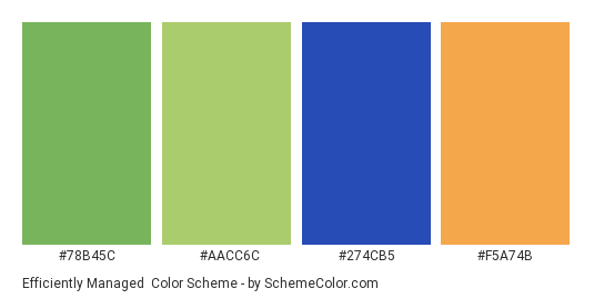 Efficiently Managed - Color scheme palette thumbnail - #78b45c #aacc6c #274cb5 #f5a74b 
