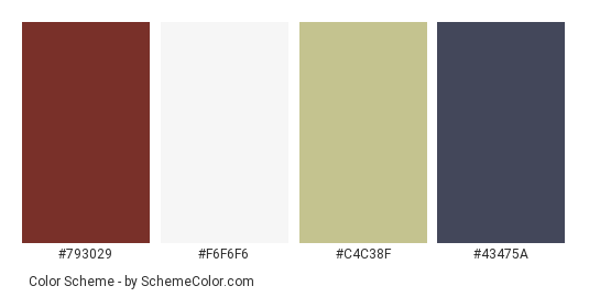 Unique House - Color scheme palette thumbnail - #793029 #f6f6f6 #c4c38f #43475a 