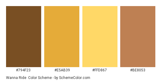 Wanna Ride - Color scheme palette thumbnail - #794F23 #E5AB39 #FFD867 #BE8053 