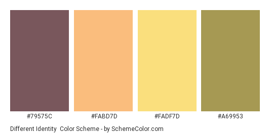 Different Identity - Color scheme palette thumbnail - #79575C #FABD7D #FADF7D #A69953 