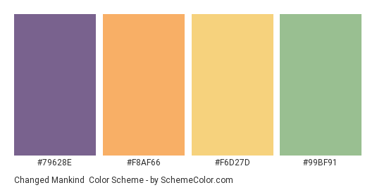 Changed Mankind - Color scheme palette thumbnail - #79628E #F8AF66 #F6D27D #99BF91 