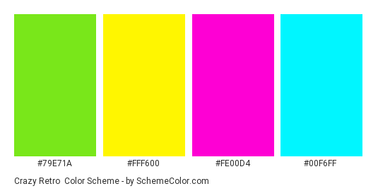 Crazy Retro - Color scheme palette thumbnail - #79E71A #FFF600 #FE00D4 #00F6FF 