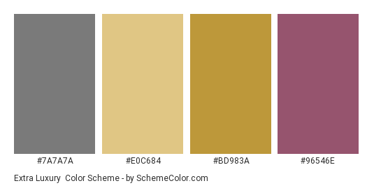 Extra Luxury - Color scheme palette thumbnail - #7A7A7A #E0C684 #BD983A #96546E 
