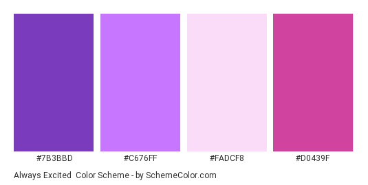 Always Excited - Color scheme palette thumbnail - #7B3BBD #C676FF #FADCF8 #D0439F 