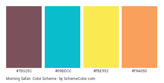 Morning Safari - Color scheme palette thumbnail - #7B525C #09BDCC #FBE952 #F9A05D 