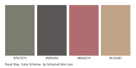 Rural Stay - Color scheme palette thumbnail - #7B7D70 #5B5655 #B06D70 #C1A387 