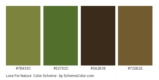 Love for Nature - Color scheme palette thumbnail - #7B833C #52702C #3A2B1B #725B2E 