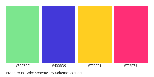 Vivid Group - Color scheme palette thumbnail - #7CE68E #4338D9 #FFCE21 #FF2E76 