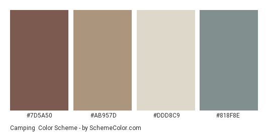 Camping - Color scheme palette thumbnail - #7D5A50 #AB957D #DDD8C9 #818F8E 