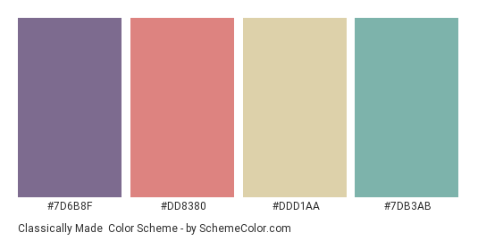 Classically Made - Color scheme palette thumbnail - #7D6B8F #DD8380 #DDD1AA #7DB3AB 