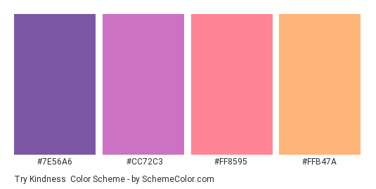 Try Kindness - Color scheme palette thumbnail - #7E56A6 #CC72C3 #FF8595 #FFB47A 