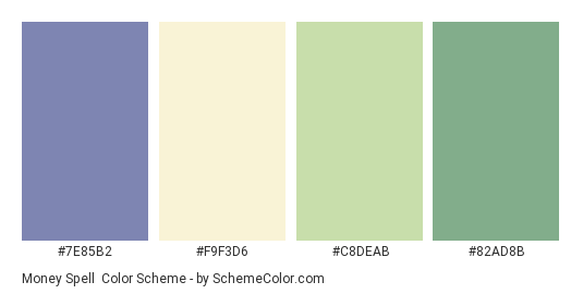 Money Spell - Color scheme palette thumbnail - #7E85B2 #F9F3D6 #C8DEAB #82AD8B 